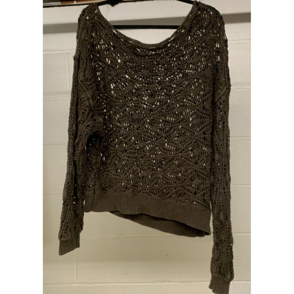 NEW Free People Bittersweet Brown Off Shoulder Crochet Sweater Open Knit - Large - Picture 3 of 6